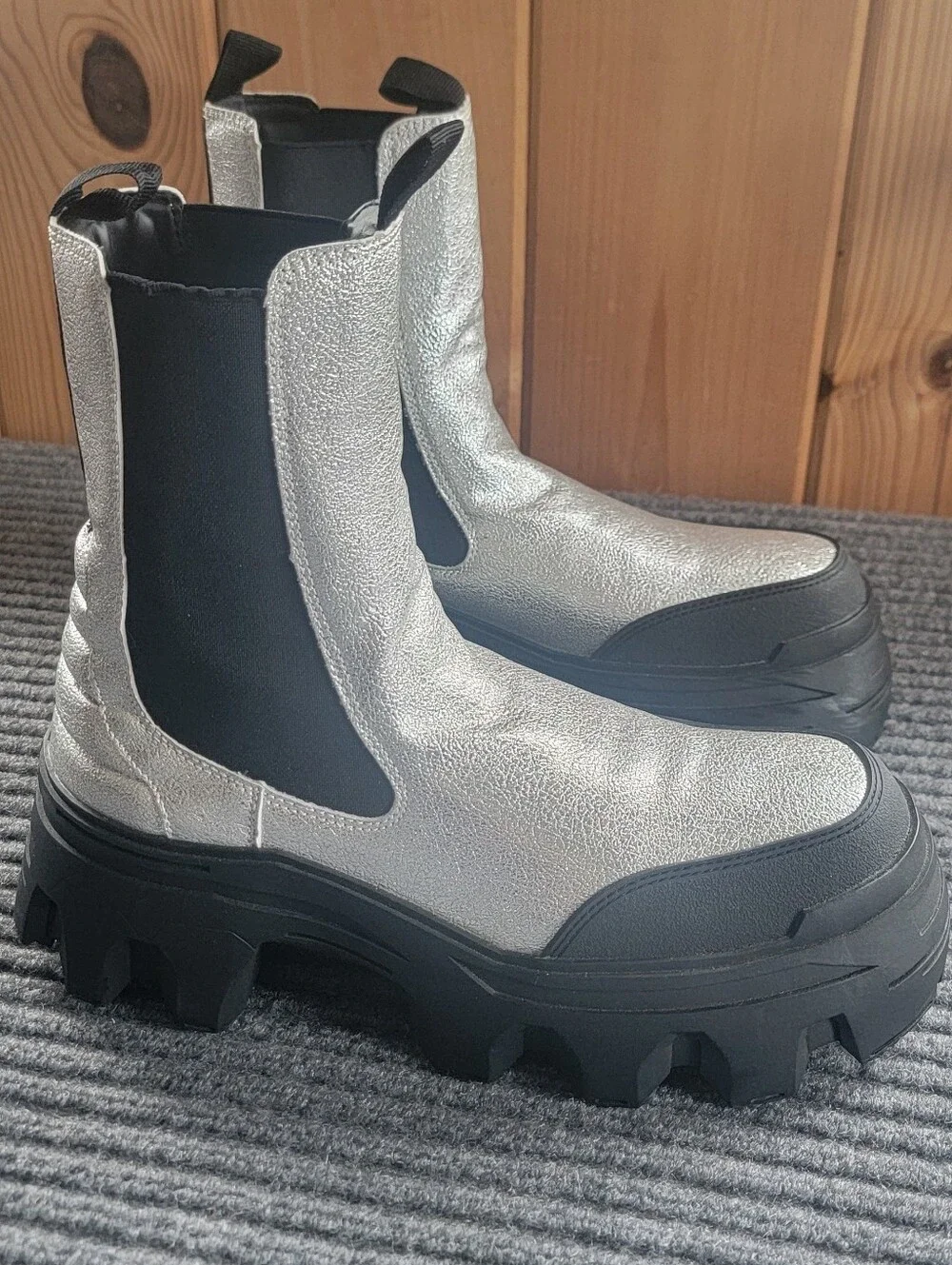 Silver ASOS DESIGN Platform Heeled Chelsea Boot with Lug Sole, Womans 11